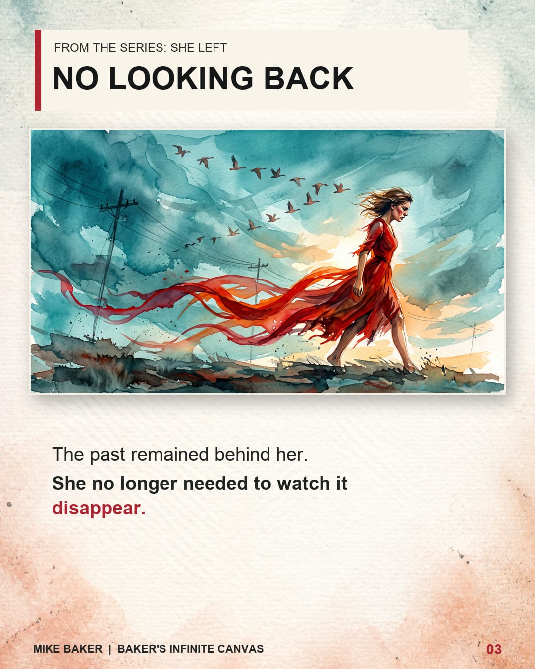 Watercolor artwork titled No Looking Back showing a woman in a flowing red dress walking forward as birds cross a blue watercolor sky.