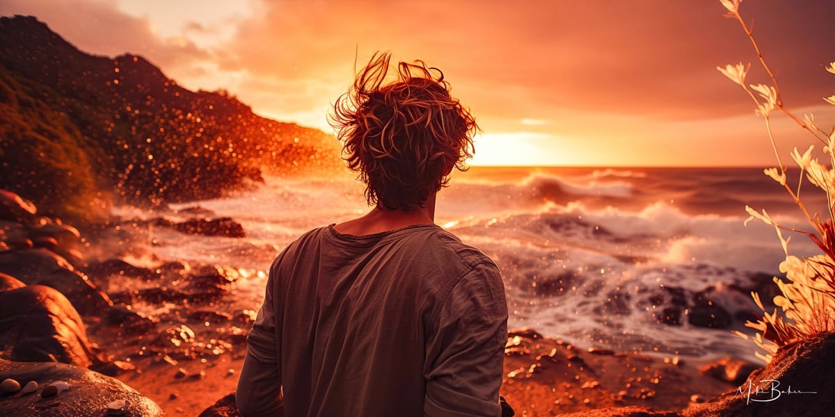 A figure on a rocky shore at sunrise, seen from behind