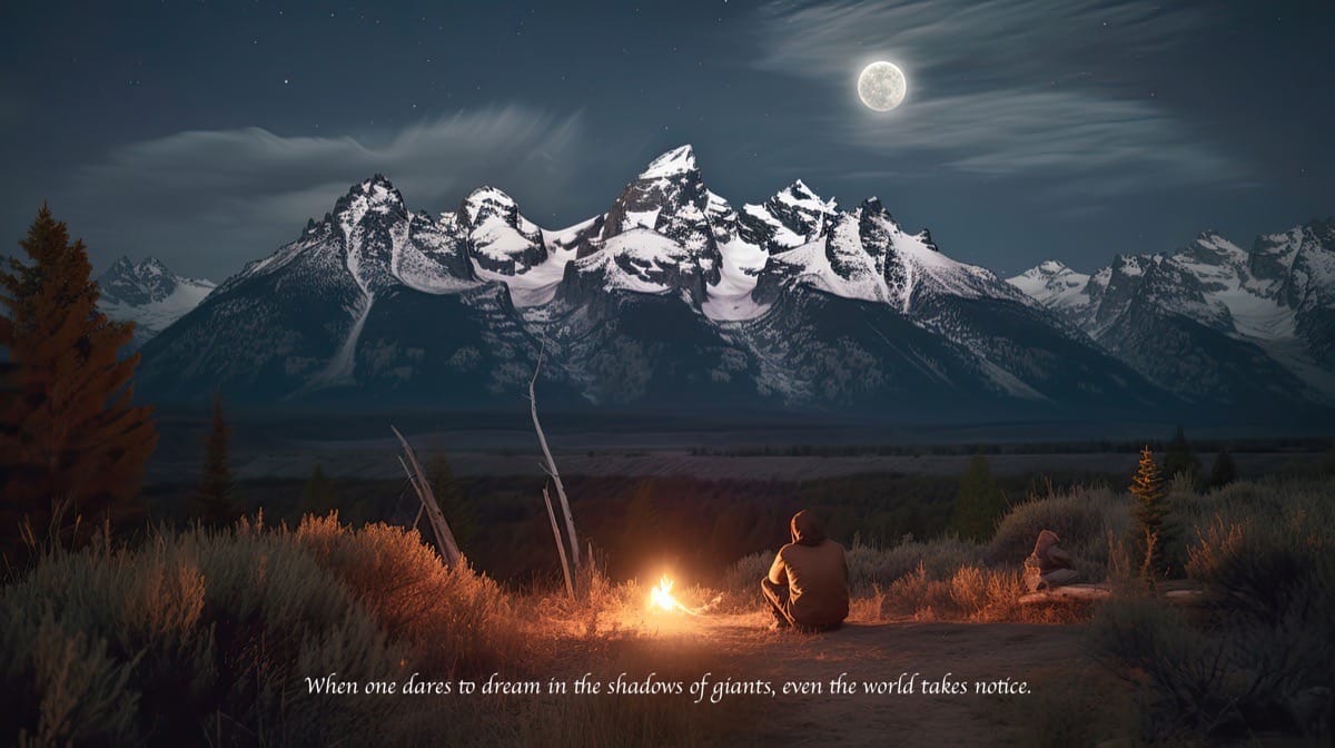 A campfire beneath the Teton range under a full moon