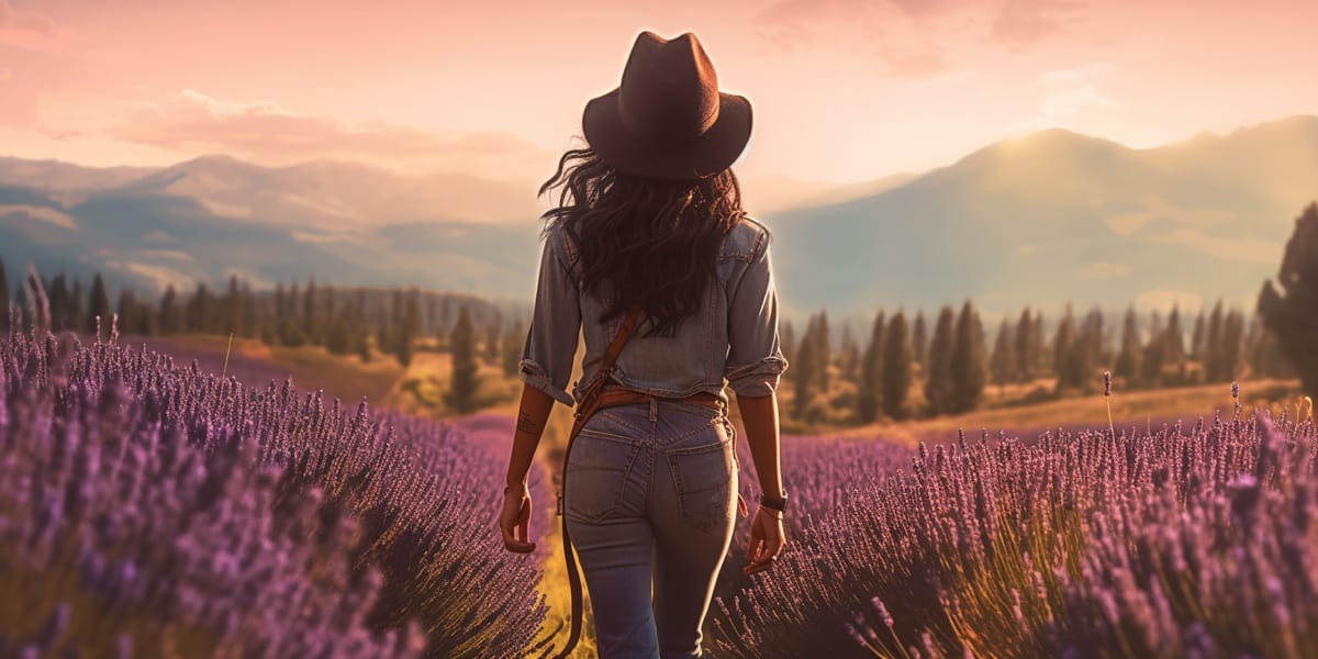 A woman walking into a lavender field toward distant hills