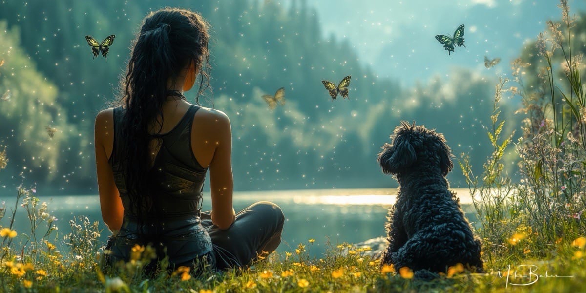 A woman and a dog at the edge of a lake, butterflies in the air