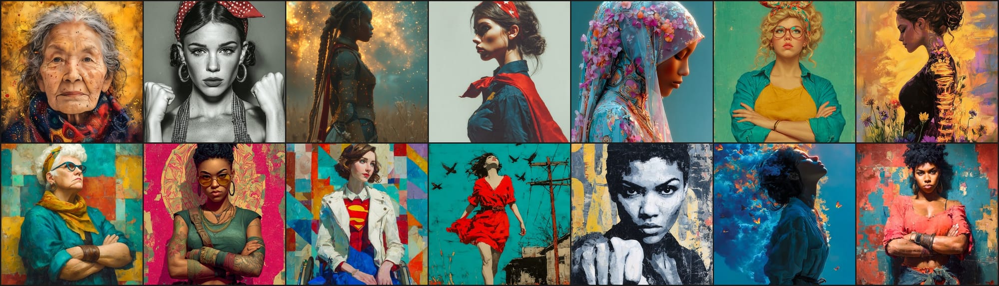 Fourteen portraits from No Permission Needed, an Infinite Canvas AI show about women’s health, with the title piece Not Your Hero and She Walks Free at the center