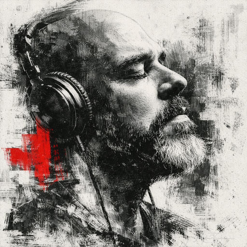 Album art for A Song Nobody Hears — a black, white, and red painted portrait of a man in headphones with his eyes closed.