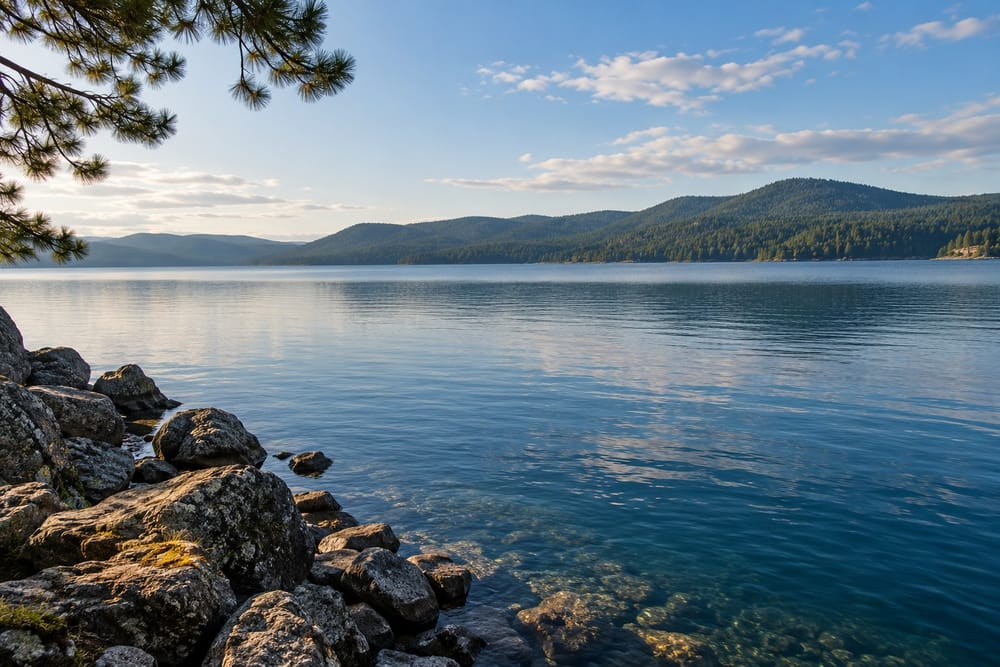 A calm North Idaho lake at golden hour, seen from a rocky pine-shaded shoreline, with forested hills across the water.