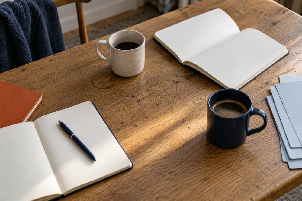 Two open notebooks, a pen, and two mugs of coffee on a wooden table in morning light, ready for a conversation.