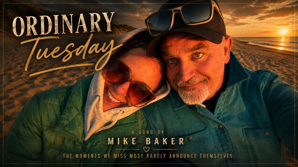 Mike Baker and his wife Kellie cheek to cheek on a beach at sunset, artwork for the song Ordinary Tuesday.