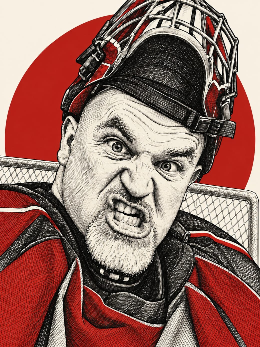 Ink illustration of Mike Baker in a goalie mask and red jersey, teeth bared, in front of a hockey net and a red circle.