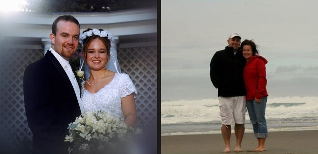Two photos side by side: Mike and Kellie on their wedding day in 1999, and the two of them barefoot on a windy beach years later.
